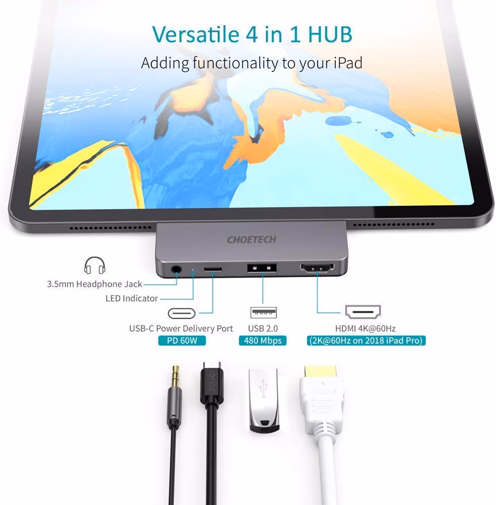 Choetech هاب USB Type-C 4 في 1 4K 60HZ HDMI PD 60W صوت لـ iPad Pro