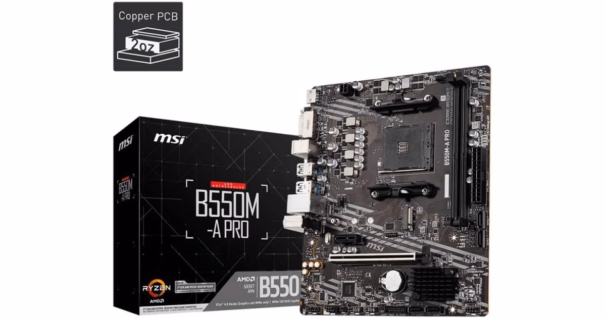 MSI B550M-A PRO ProSeries Micro-ATX Motherboard AMD Ryzen, AM4, DDR4, PCIe 4.0, SATA 6Gb/s, M.2, USB 3.2 Gen 1