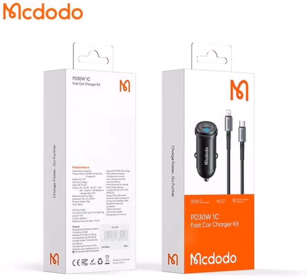 Mcdodo PD30W 1C Fast Car Charger Kit (USB-C to Lightning Cable)